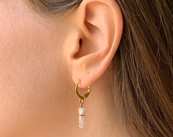 AB QUARTZ CRYSTAL Point Tiny Huggie Hoops Lever Back Hoop Earrings With Genuine Gemstone Beads