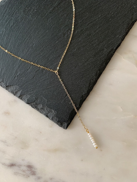 Dainty Pearl Bar Y Necklace – Freshwater Pearl Drop Minimalist Necklace – Beach Inspired Jewelry