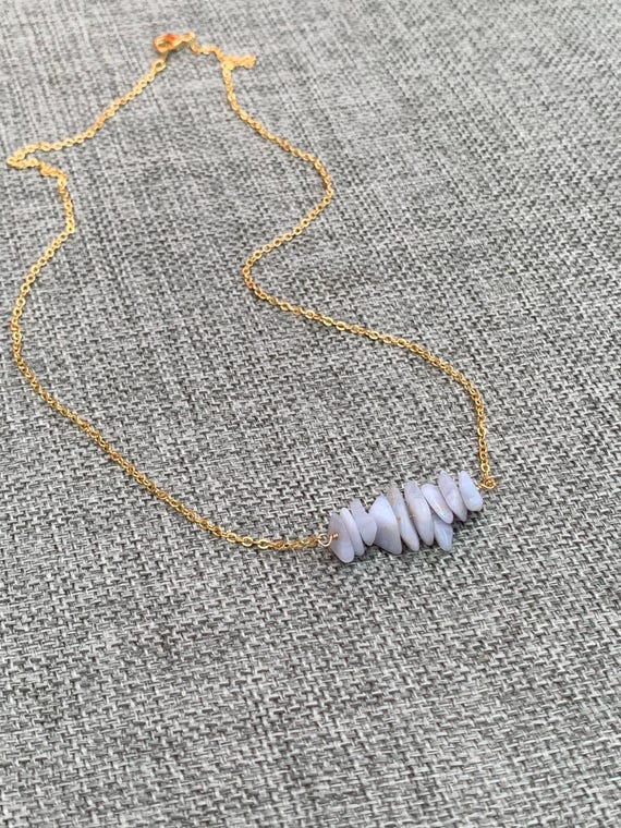 Blue Lace Agate Beaded Necklace – Raw Gemstone Bar Pendant in Gold Filled or Sterling Silver