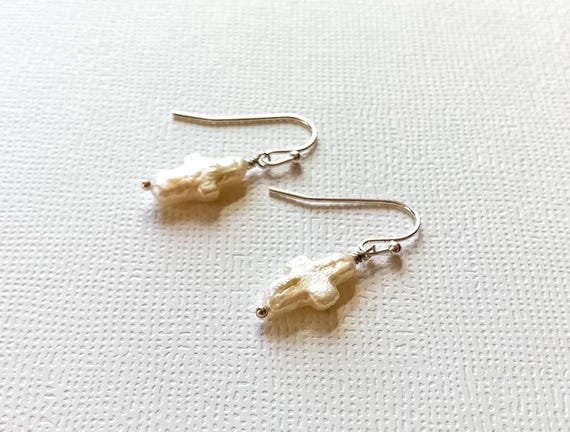 Freshwater Pearl Cross Earrings – Cross Shaped Pearl Dangles in 14k Gold Filled or Sterling Silver – Handmade Jewelry Gift