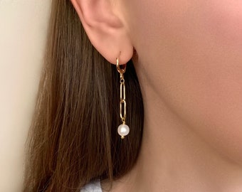 Pearl Paperclip Chain Huggie Hoop Earrings, Chain Earrings, Long Link Chain Earrings, Statement Earrings, Minimalist Earrings