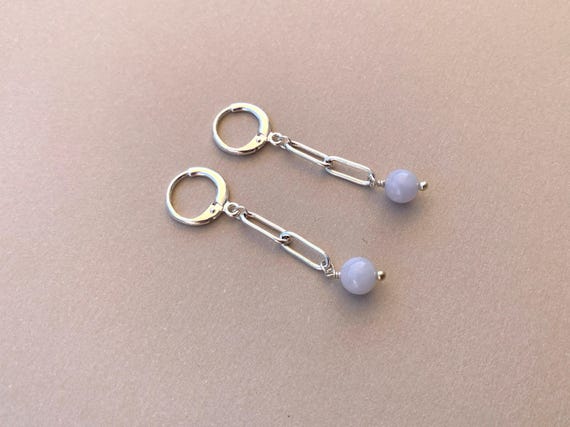 Blue Lace Agate Chain Earrings – Long Paperclip Chain in Sterling Silver or Gold Plated