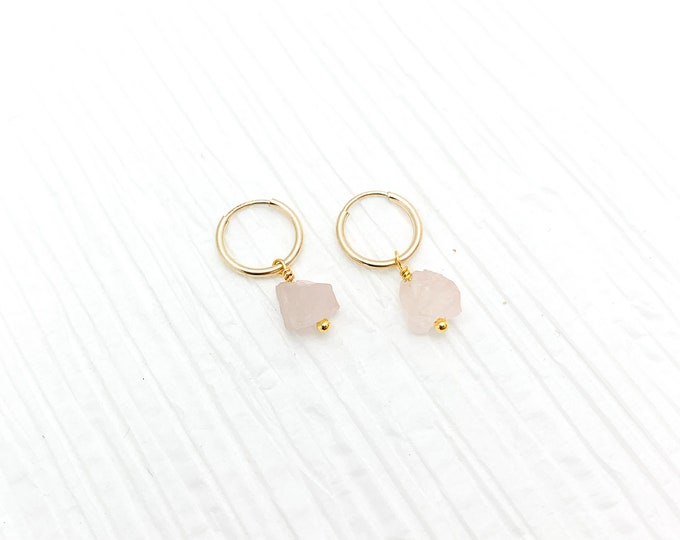 RAW ROSE QUARTZ 14k Gold Filled Endless Hoop Earrings, Dainty Hoop Dangle Earrings