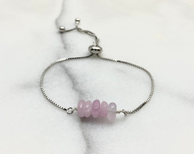 Gemstone Bead Bracelet, PURPLE KUNZITE Genuine Gemstone Adjustable Bracelet