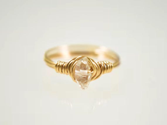 Herkimer Diamond Ring – April Birthstone Wire Wrapped Ring in 14k Gold Filled or Sterling Silver