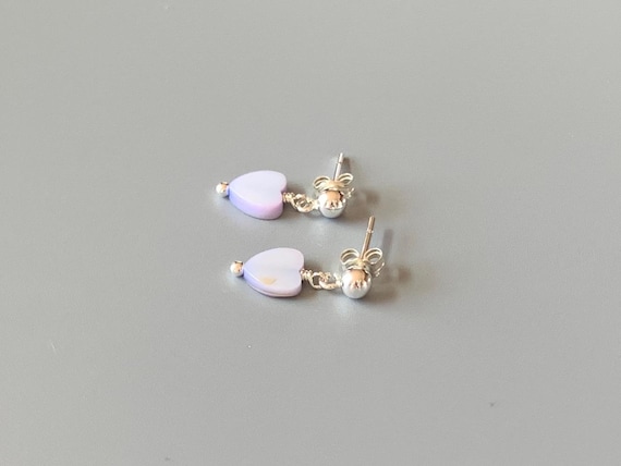 Heart Dangle Stud Earrings – Purple Seashell Drop Earrings – 14k Gold Filled or Sterling Silver Minimalist Everyday Jewelry