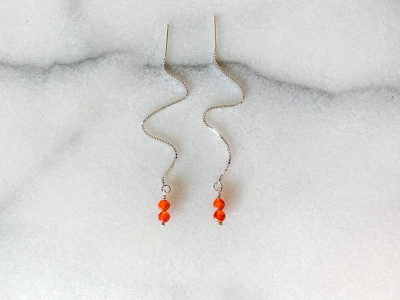 Carnelian Threader Earrings – Faceted Two Stone Drop in Gold Filled or Sterling Silver