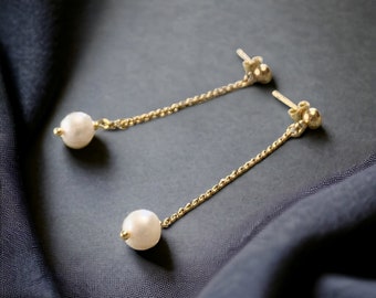 Pearl Chain Dangle Stud Earrings, 14k Gold Filled, Rose Gold Filled, or Sterling Silver Stud Earrings With Natural Freshwater Pearls Gift