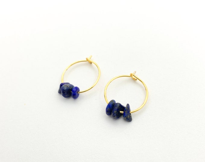 LAPIS LAZULI Chip Small Hoop Earrings, 14k Gold Filled, Rose Gold Filled, or Sterling Silver Tiny Hoop Earrings With Genuine Gemstone Beads