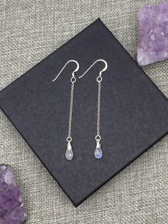 Rainbow Moonstone Chain Drop Earrings – AAA Natural Gemstone Jewelry in 14k Gold Filled or Sterling Silver