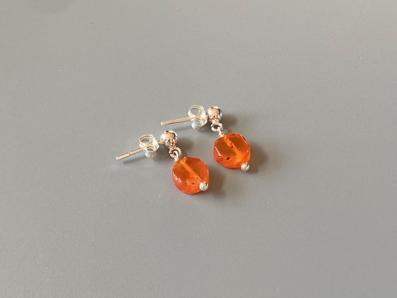 Carnelian Dangle Stud Earrings – Flat Round Gemstone Drops – 14k Gold Filled or Sterling Silver Minimalist Everyday Jewelry