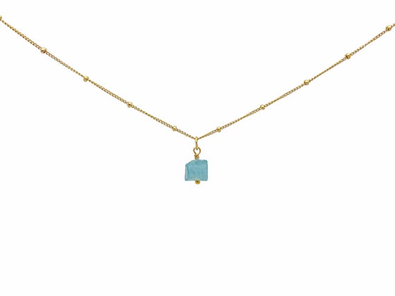Raw Aquamarine Choker Necklace – March Birthstone Gemstone Pendant in 14k Gold Filled or Sterling Silver