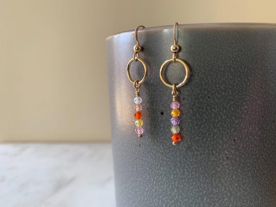 Rainbow CZ Circle Earrings – Multicolor Beaded Hoop Jewelry with Cubic Zirconia – Minimalist Drop Design