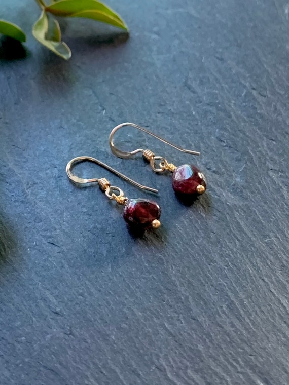 Garnet Dangle Earrings – Tiny January Birthstone Jewelry in Gold Filled or Sterling Silver