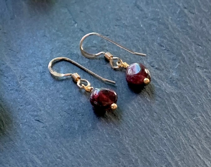 GARNET Earrings, Tiny 14k Gold Filled or Sterling Silver Gemstone Dangle Earrings, January Birthstone, Simple Minimal Dangle Earrings