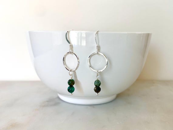 African Turquoise Hammered Circle Earrings – Faceted Gemstone Dangles – 14k Gold Filled or Sterling Silver Jewelry