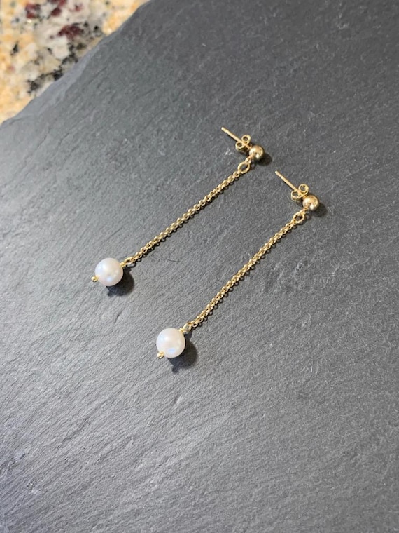 Long Pearl Dangle Earrings – Freshwater Pearl Rolo Chain June Birthstone Jewelry