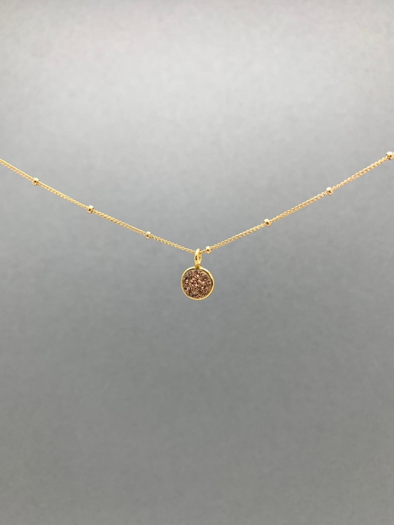 Brown Druzy Agate Choker – Sparkle Gemstone Pendant in 14k Gold Filled or Sterling Silver