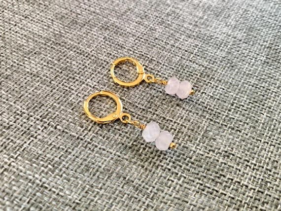 Rose Quartz Drop Huggie Earrings – Lightweight Everyday Hoops with Rondelle Charms