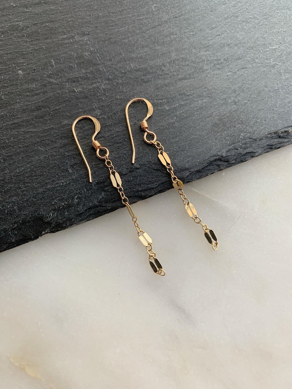 Gold Filled Long Lace Chain Earrings – Minimalist Long Drop Chain Dangle Jewelry