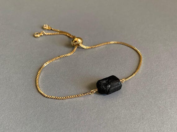 Black Tourmaline Bracelet – Raw Gemstone Adjustable Bracelet – Handmade Crystal Jewelry Gift