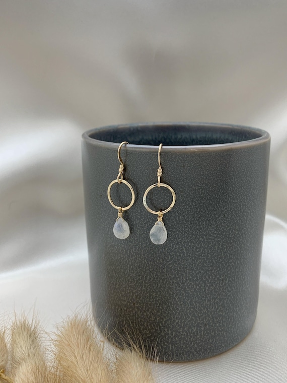 Rainbow Moonstone Hammered Circle Earrings – Minimalist Faceted Gemstone Drop Jewelry