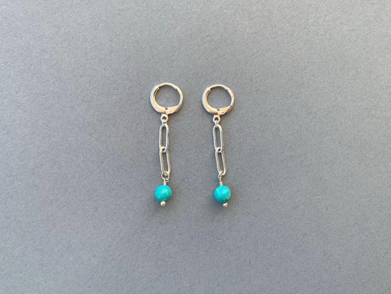 Turquoise Long Link Chain Earrings – Gold Plated or Sterling Silver Gemstone Drop Earrings