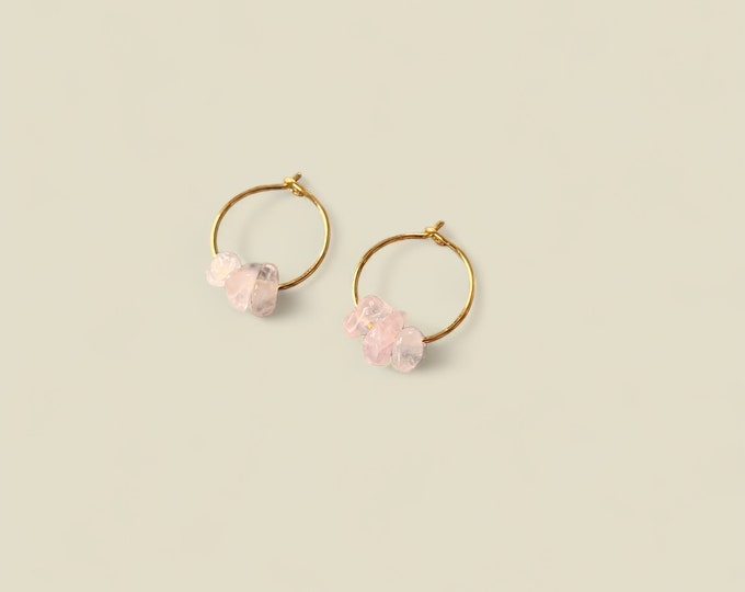 ROSE QUARTZ Chip Small Hoop Earrings, 14k Gold Filled, Rose Gold Filled, or Sterling Silver Tiny Hoop Earrings With Genuine Gemstone Bead