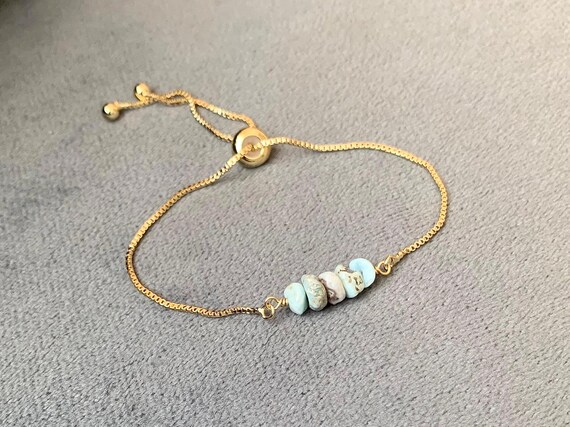 Larimar Beaded Bracelet – Genuine Gemstone Adjustable Blue Crystal Handmade Jewelry