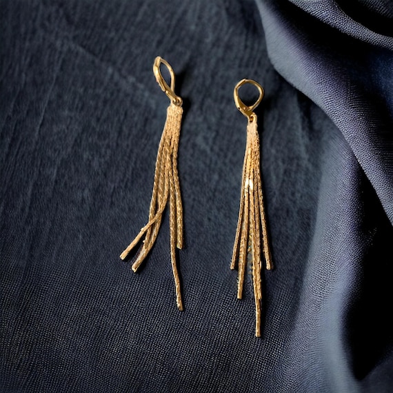 Long Chain Tassel Earrings – Gold or White Gold Plated Sterling Silver Fringe Drop Statement Jewelry