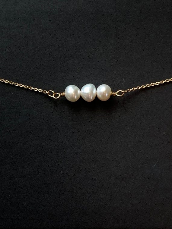 Freshwater Pearl Bar Necklace – 5mm White Pearls on 14k Gold Filled or Sterling Silver Chain