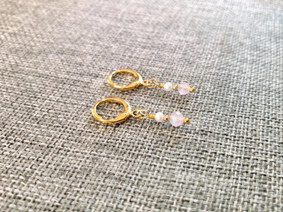 Rose Quartz Huggie Hoop Earrings – Gold Leverback Minimalist Gemstone Jewelry