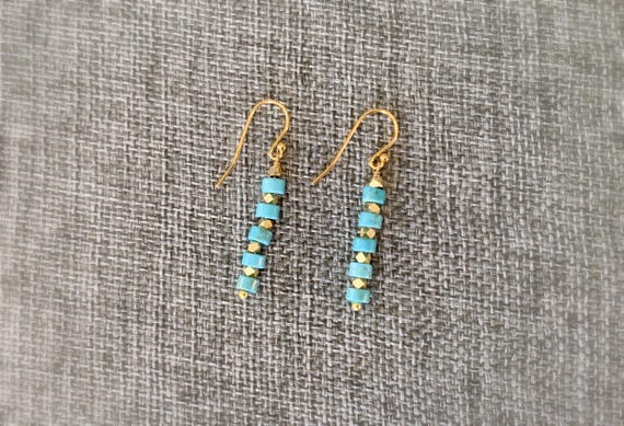 Turquoise Dangle Earrings – 18k Gold Plated Gemstone Hoops – Lightweight Boho Beaded Jewelry