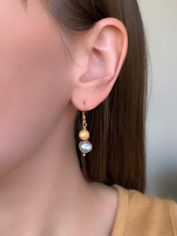 Orange & Gray Pearl Earrings – Freshwater Pearl Drop Dangles – Dainty Holiday Jewelry Gift