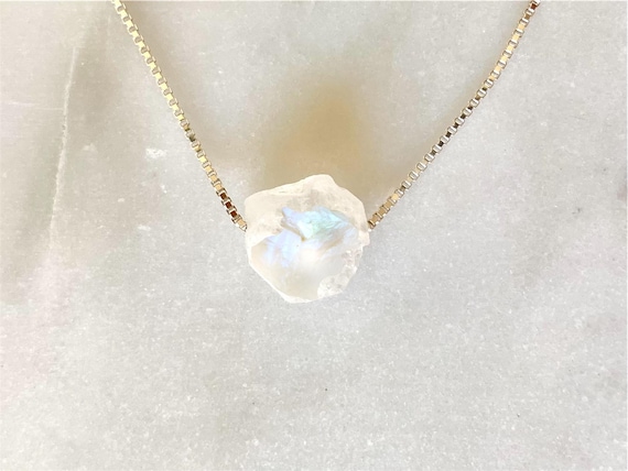 Raw Rainbow Moonstone Necklace – Rough Crystal Pendant in 14k Gold Filled or Sterling Silver Box Chain
