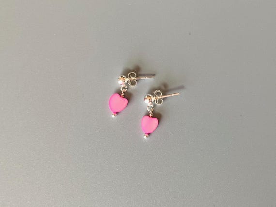 Heart Dangle Stud Earrings – Pink Seashell Drop Earrings – 14k Gold Filled or Sterling Silver Minimalist Everyday Jewelry
