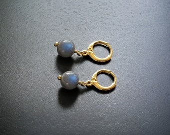 LABRADORITE Round Bead Huggie Hoops Lever Back Hoop Earrings With Genuine Gemstone Beads