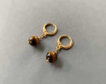 TIGEREYE Round Bead Huggie Hoops Lever Back Hoop Earrings With Genuine Gemstone Beads