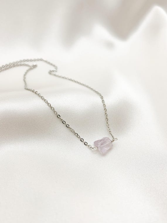 Raw Pink Amethyst Necklace – Natural Gemstone Pendant on Gold or Silver Plated Brass Chain