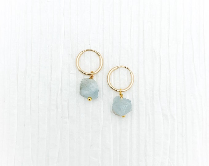 RAW AQUAMARINE 14k Gold Filled Endless Hoop Earrings, Dainty Hoop Dangle Earrings