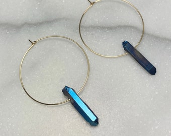 Dark Blue Titanium Quartz Crystal Hoop Earrings, Raw Quartz Point Earrings