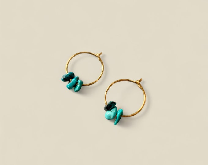 TURQUOISE Chip Hoop Earrings, 14k Gold Filled, Rose Gold Filled, or Sterling Silver Tiny Hoop Earrings With Genuine Gemstone Beads
