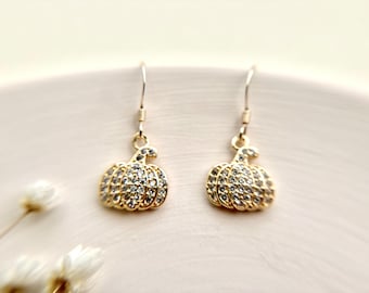 Pumpkin Earrings, Gold CZ Pumpkin Dangle Earrings, Cubic Zirconia Fall Earrings, Autumn Jewelry, Thanksgiving Gift