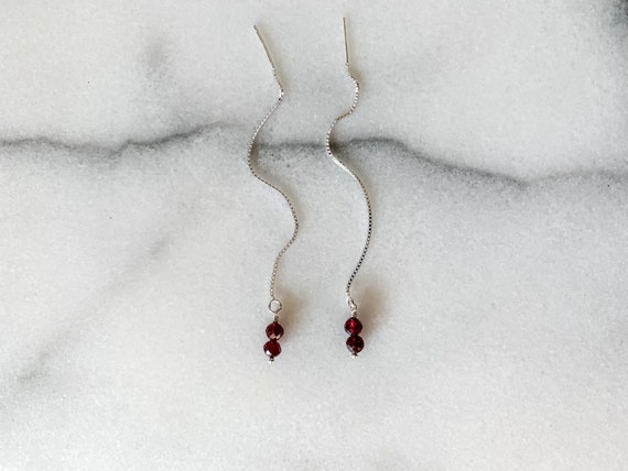 Garnet Threader Earrings – Two Stone Pull Through Earrings in Sterling Silver or Gold Filled