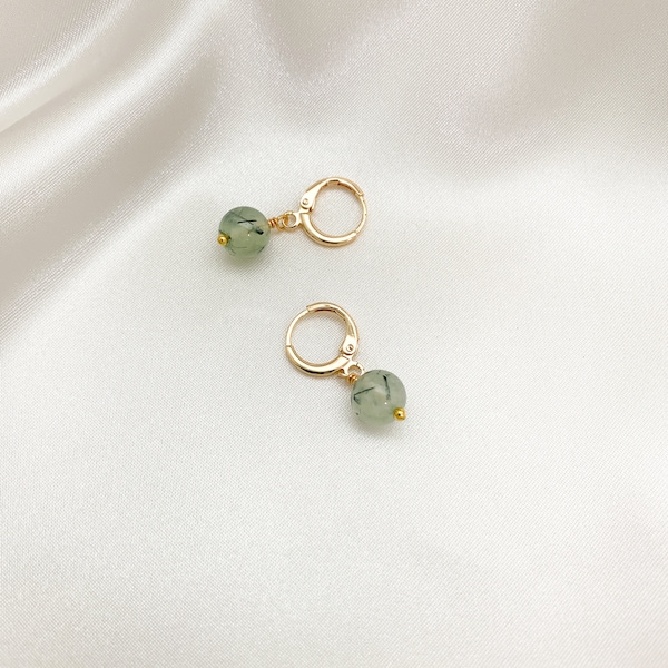 PREHNITE Round Bead Huggie Hoops Lever Back Hoop Earrings With Genuine Gemstone Beads