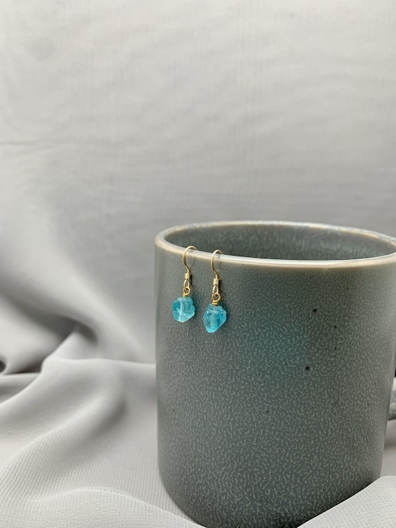 Raw Apatite Earrings – Rough Gemstone Dangles in 14k Gold Filled or Sterling Silver – Minimalist Blue Crystal Jewelry