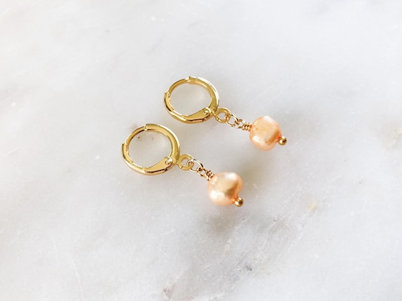 Orange Baroque Pearl Huggie Hoop Earrings – Gold Leverback Freshwater Pearl Jewelry