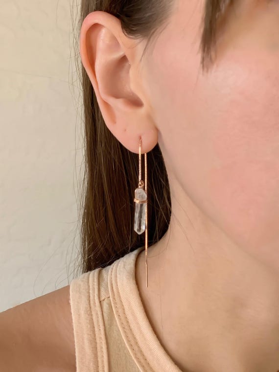 Quartz Crystal Point Threader Earrings – Pull Through Box Chain Thread Earrings