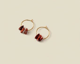 RED JASPER Chip Small Hoop Earrings, 14k Gold Filled, Rose Gold Filled, or Sterling Silver Tiny Hoop Earrings With Genuine Gemstone Bead