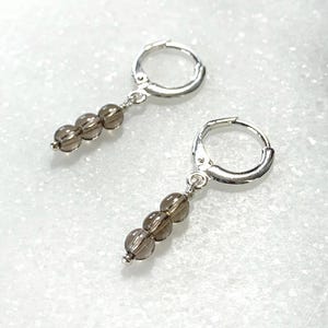 Smoky Quartz Three Stone Stack Huggie Hoop Earrings – Gold Filled or Sterling Silver Gemstone Jewelry